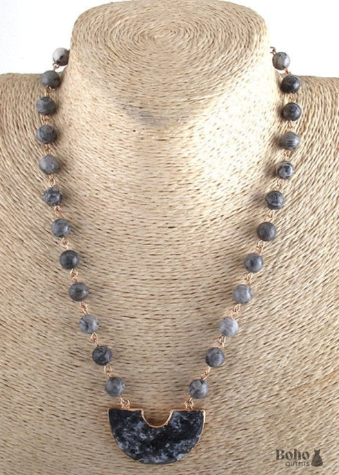 Boho Necklace, RH Rose Quart Amazonite, Half Moon Pink Natural Stone